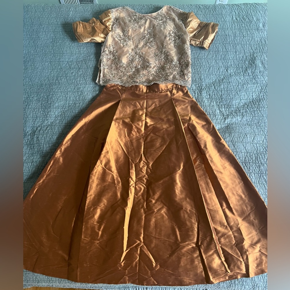 Custom Made Elegant Gold Women's Saffron Silk Skirt and Matching Beaded Top